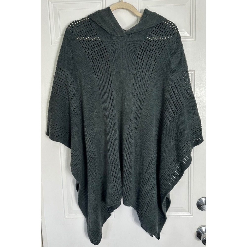 SO Women Charcoal Gray Hooded Knit Poncho Pointelle Open Work Cape One Size
